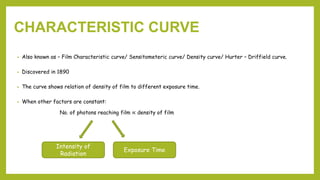 • Also known as – Film Characteristic curve/ Sensitometeric curve/ Density curve/ Hurter – Driffield curve.
• Discovered in 1890
• The curve shows relation of density of film to different exposure time.
• When other factors are constant:
No. of photons reaching film ∝ density of film
CHARACTERISTIC CURVE
Intensity of
Radiation
Exposure Time
 