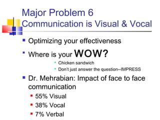 Major Problem 6
Communication is Visual & Vocal
   Optimizing your effectiveness
 Where is your        WOW?
               Chicken sandwich
               Don’t just answer the question--IMPRESS

   Dr. Mehrabian: Impact of face to face
    communication
       55% Visual
       38% Vocal
       7% Verbal
 