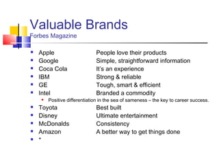 Valuable Brands
Forbes Magazine

   Apple                     People love their products
   Google                    Simple, straightforward information
   Coca Cola                 It’s an experience
   IBM                       Strong & reliable
   GE                        Tough, smart & efficient
   Intel                     Branded a commodity
       Positive differentiation in the sea of sameness – the key to career success.
   Toyota                    Best built
   Disney                    Ultimate entertainment
   McDonalds                 Consistency
   Amazon                    A better way to get things done
   *
 