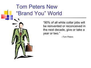 Tom Peters New
“Brand You” World
          “90% of all white collar jobs will
          be reinvented or reconceived in
          the next decade, give or take a
          year or two.”
                        --Tom Peters
 