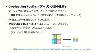 8
• Overlapping Pooling (プーリング層の重複)
プーリング範囲をz×zとして, スライド幅をsとすると,
一般的には s = z となるように設定される. (下画像は z = 2, s = 2)
→ 各ユニットを重複しないように選ぶ.
今回の研究では, s = 2, z = 3としてプーリングを行う.
→ 各ユニットがすこしかぶるように選ぶ.
(これにより汎化性能が向上した.)
画像: https://deepage.net/deep_learning/2016/11/07/convolutional_neural_network.html
 