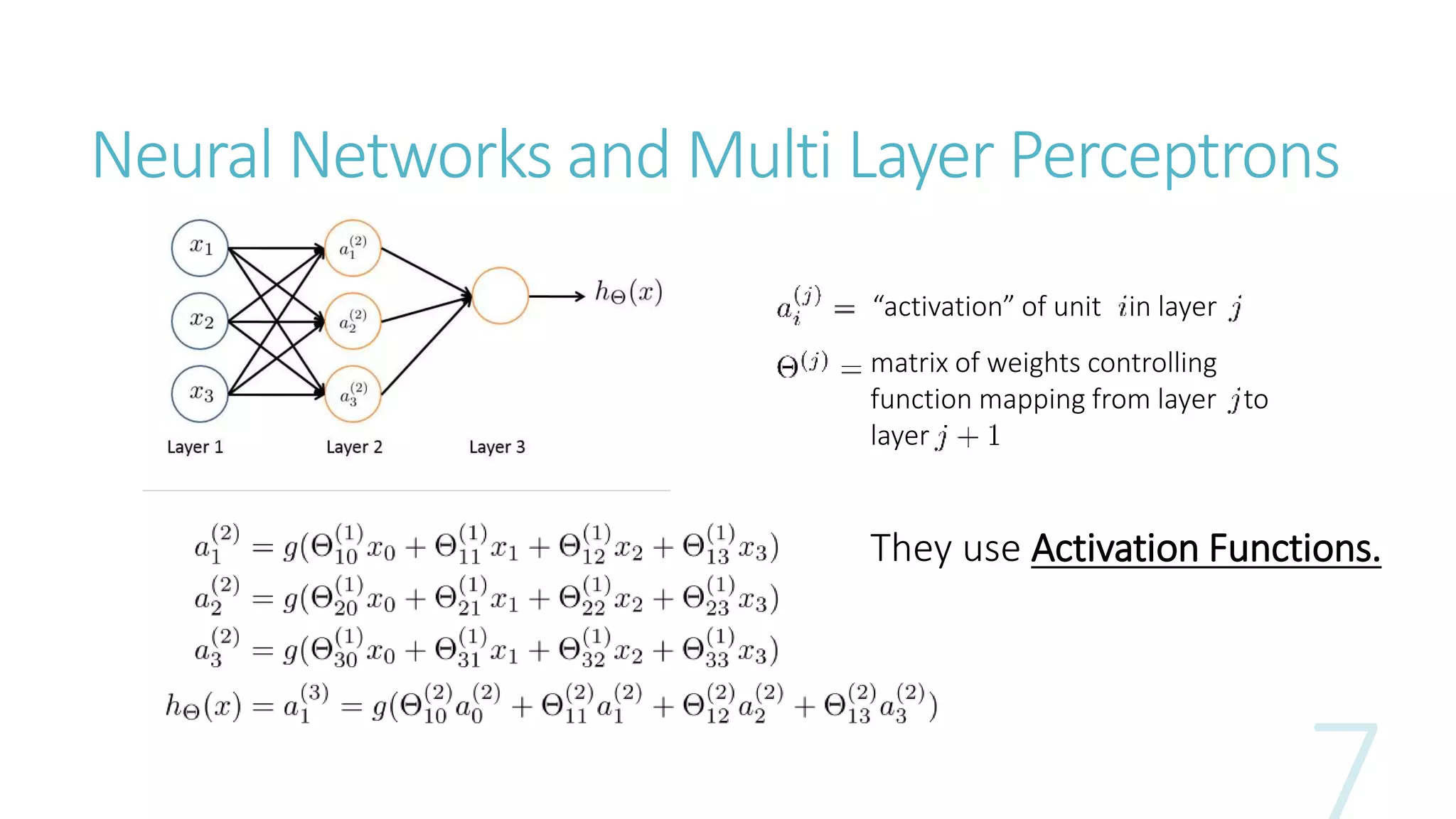 Neural Networks and Multi Layer Perceptrons
“activation” of unit in layer
matrix of weights controlling
function mapping from layer to
layer
They use Activation Functions.
 