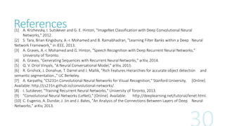 References[1] A. Krizhevsky, I. Sutskever and G. E. Hinton, "ImageNet Classification with Deep Convolutional Neural
Networks," 2012.
[2] S. Tara, Brian Kingsbury, A.-r. Mohamed and B. Ramabhadran, "Learning Filter Banks within a Deep Neural
Network Framework," in IEEE, 2013.
[3] A. Graves, A.-r. Mohamed and G. Hinton, "Speech Recognition with Deep Recurrent Neural Networks,"
University of Toronto.
[4] A. Graves, "Generating Sequences with Recurrent Neural Networks," arXiv, 2014.
[5] Q. V. Oriol Vinyals, "A Neural Conversational Model," arXiv, 2015.
[6] R. Grishick, J. Donahue, T. Darrel and J. Mallik, "Rich Features Hierarchies for accurate object detection and
semantic segmentation.," UC Berkeley.
[7] A. Karpathy, "CS231n Convolutional Neural Networks for Visual Recognition," Stanford University, [Online].
Available: http://cs231n.github.io/convolutional-networks/.
[8] I. Sutskever, "Training Recurrent Neural Networks," University of Toronto, 2013.
[9] "Convolutional Neural Networks (LeNet)," [Online]. Available: http://deeplearning.net/tutorial/lenet.html.
[10] C. Eugenio, A. Dundar, J. Jin and J. Bates, "An Analysis of the Connections Between Layers of Deep Neural
Networks," arXiv, 2013.
 