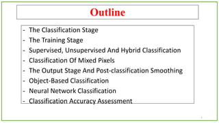 Outline
- The Classification Stage
- The Training Stage
- Supervised, Unsupervised And Hybrid Classification
- Classification Of Mixed Pixels
- The Output Stage And Post-classification Smoothing
- Object-Based Classification
- Neural Network Classification
- Classification Accuracy Assessment
1
 