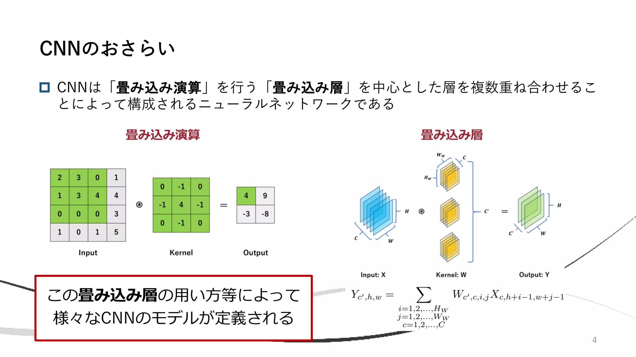 4
 CNNは「畳み込み演算」を行う「畳み込み層」を中心とした層を複数重ね合わせるこ
とによって構成されるニューラルネットワークである
CNNのおさらい
畳み込み演算 畳み込み層
この畳み込み層の用い方等によって
様々なCNNのモデルが定義される
 