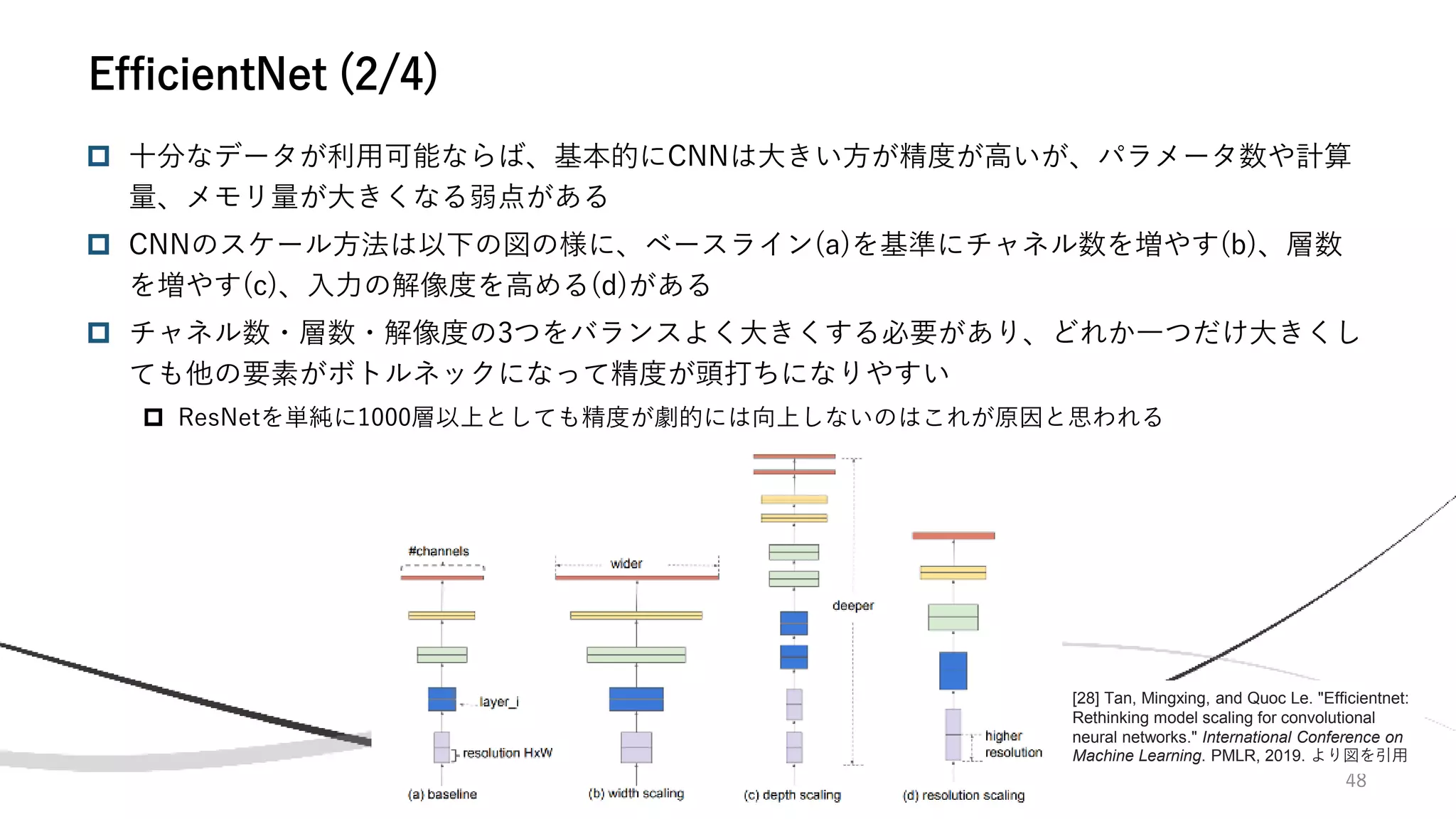 48
 十分なデータが利用可能ならば、基本的にCNNは大きい方が精度が高いが、パラメータ数や計算
量、メモリ量が大きくなる弱点がある
 CNNのスケール方法は以下の図の様に、ベースライン(a)を基準にチャネル数を増やす(b)、層数
を増やす(c)、入力の解像度を高める(d)がある
 チャネル数・層数・解像度の3つをバランスよく大きくする必要があり、どれか一つだけ大きくし
ても他の要素がボトルネックになって精度が頭打ちになりやすい
 ResNetを単純に1000層以上としても精度が劇的には向上しないのはこれが原因と思われる
EfficientNet (2/4)
[28] Tan, Mingxing, and Quoc Le. "Efficientnet:
Rethinking model scaling for convolutional
neural networks." International Conference on
Machine Learning. PMLR, 2019. より図を引用
 