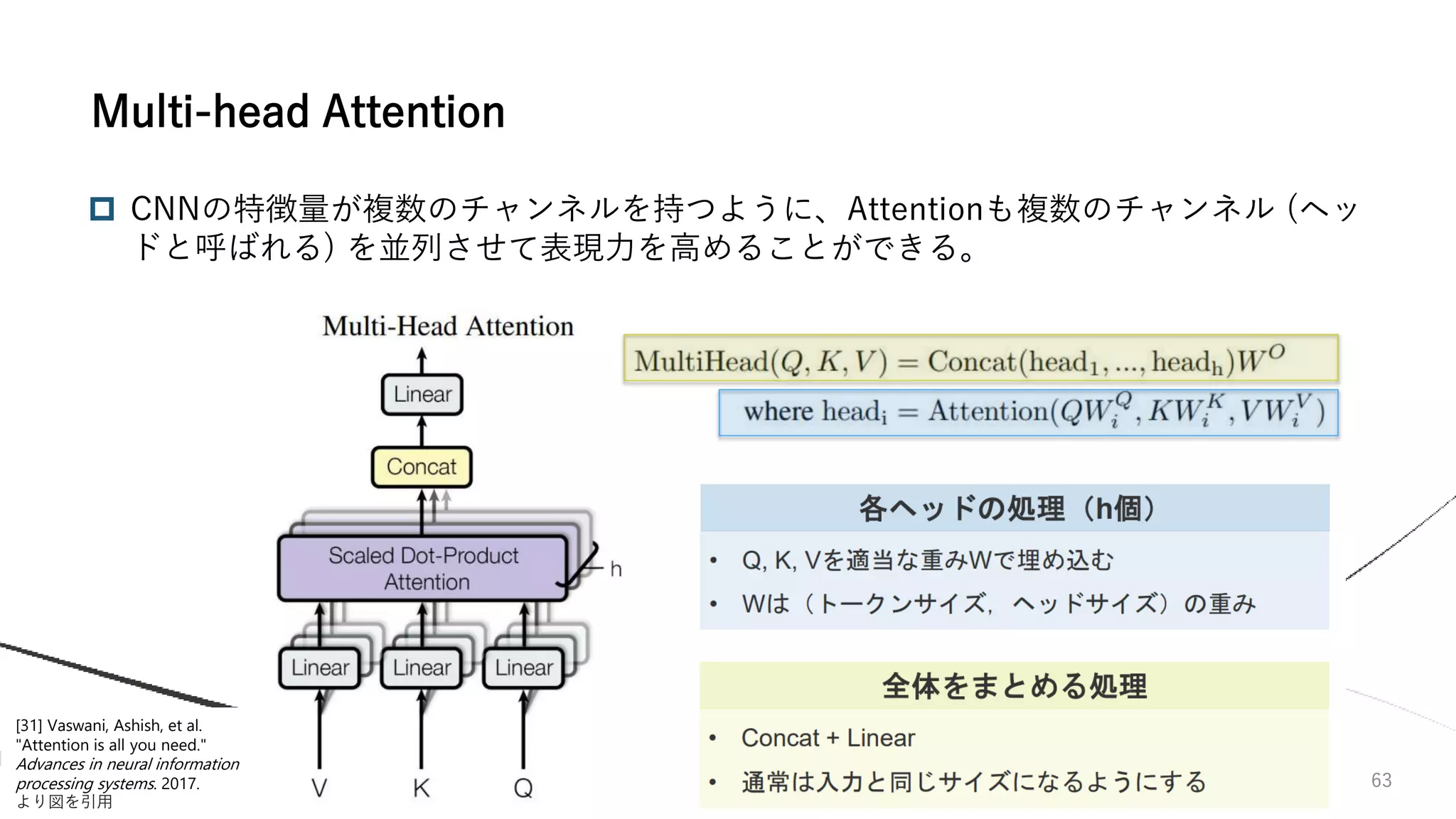 63
 CNNの特徴量が複数のチャンネルを持つように、Attentionも複数のチャンネル (ヘッ
ドと呼ばれる) を並列させて表現力を高めることができる。
Multi-head Attention
[31] Vaswani, Ashish, et al.
"Attention is all you need."
Advances in neural information
processing systems. 2017.
より図を引用
 