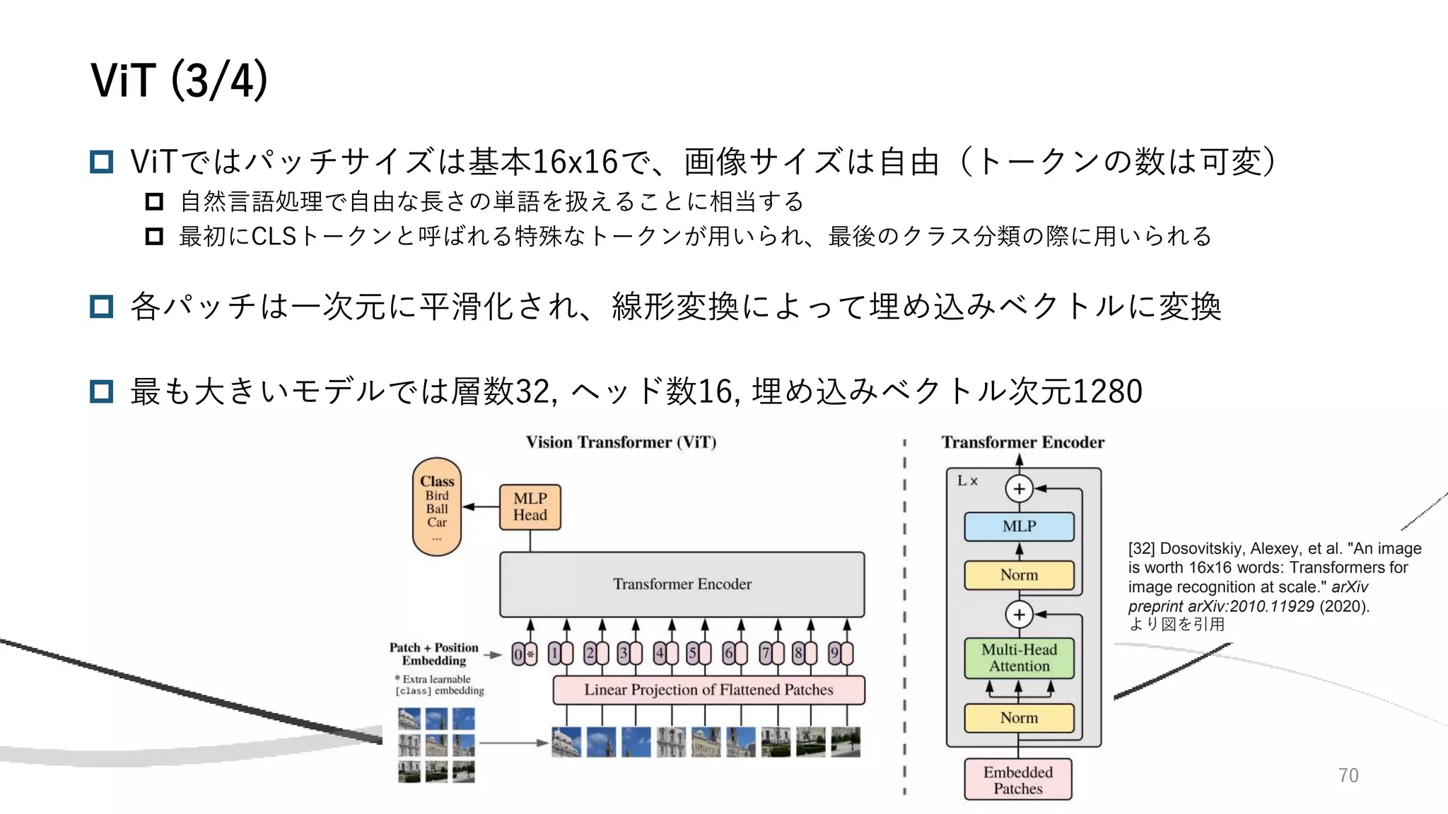 70
 ViTではパッチサイズは基本16x16で、画像サイズは自由（トークンの数は可変）
 自然言語処理で自由な長さの単語を扱えることに相当する
 最初にCLSトークンと呼ばれる特殊なトークンが用いられ、最後のクラス分類の際に用いられる
 各パッチは一次元に平滑化され、線形変換によって埋め込みベクトルに変換
 最も大きいモデルでは層数32, ヘッド数16, 埋め込みベクトル次元1280
ViT (3/4)
[32] Dosovitskiy, Alexey, et al. "An image
is worth 16x16 words: Transformers for
image recognition at scale." arXiv
preprint arXiv:2010.11929 (2020).
より図を引用
 