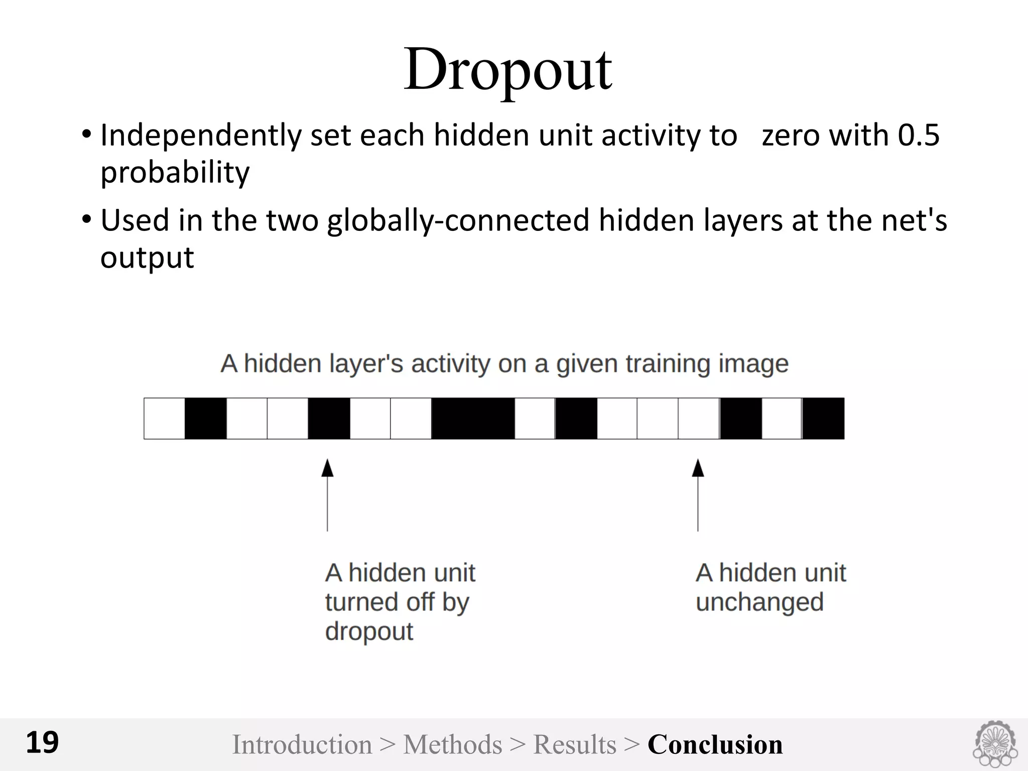 Introduction > Methods > Results > Conclusion19
Dropout
• Independently	set	each	hidden	unit	activity	to			zero	with	0.5	
probability
• Used	in	the	two	globally-connected	hidden	layers	at	the	net's	
output
 