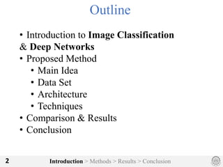 Introduction > Methods > Results > Conclusion2
Outline
• Introduction to Image Classification
& Deep Networks
• Proposed Method
• Main Idea
• Data Set
• Architecture
• Techniques
• Comparison & Results
• Conclusion
 