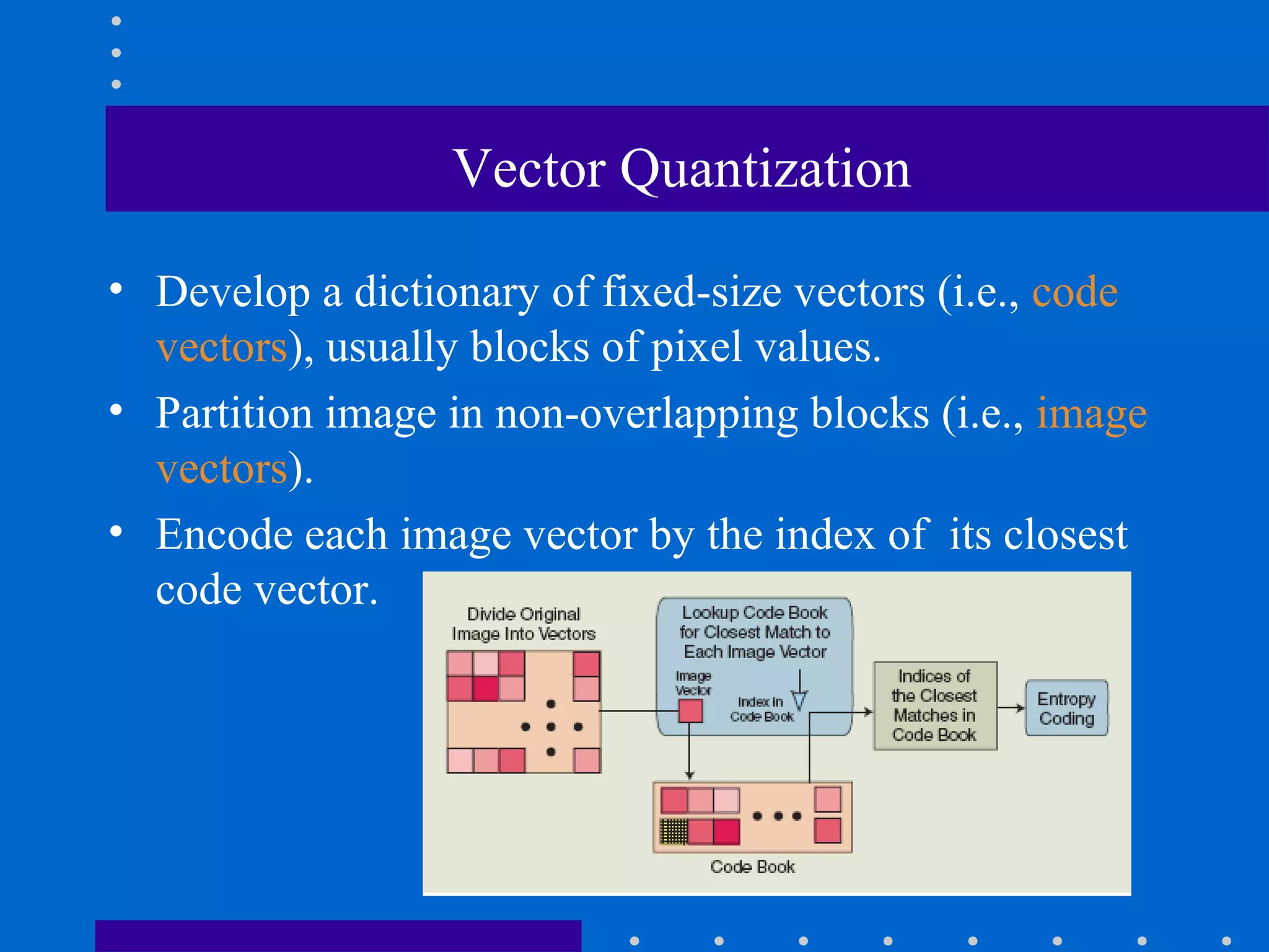 Vector Quantization
• Develop a dictionary of fixed-size vectors (i.e., code
vectors), usually blocks of pixel values.
• Partition image in non-overlapping blocks (i.e., image
vectors).
• Encode each image vector by the index of its closest
code vector.
 