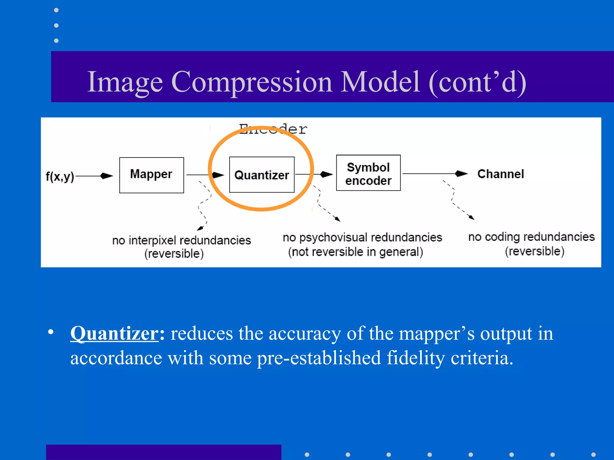 Image Compression Model (cont’d)
•
• Quantizer: reduces the accuracy of the mapper’s output in
accordance with some pre-established fidelity criteria.
 