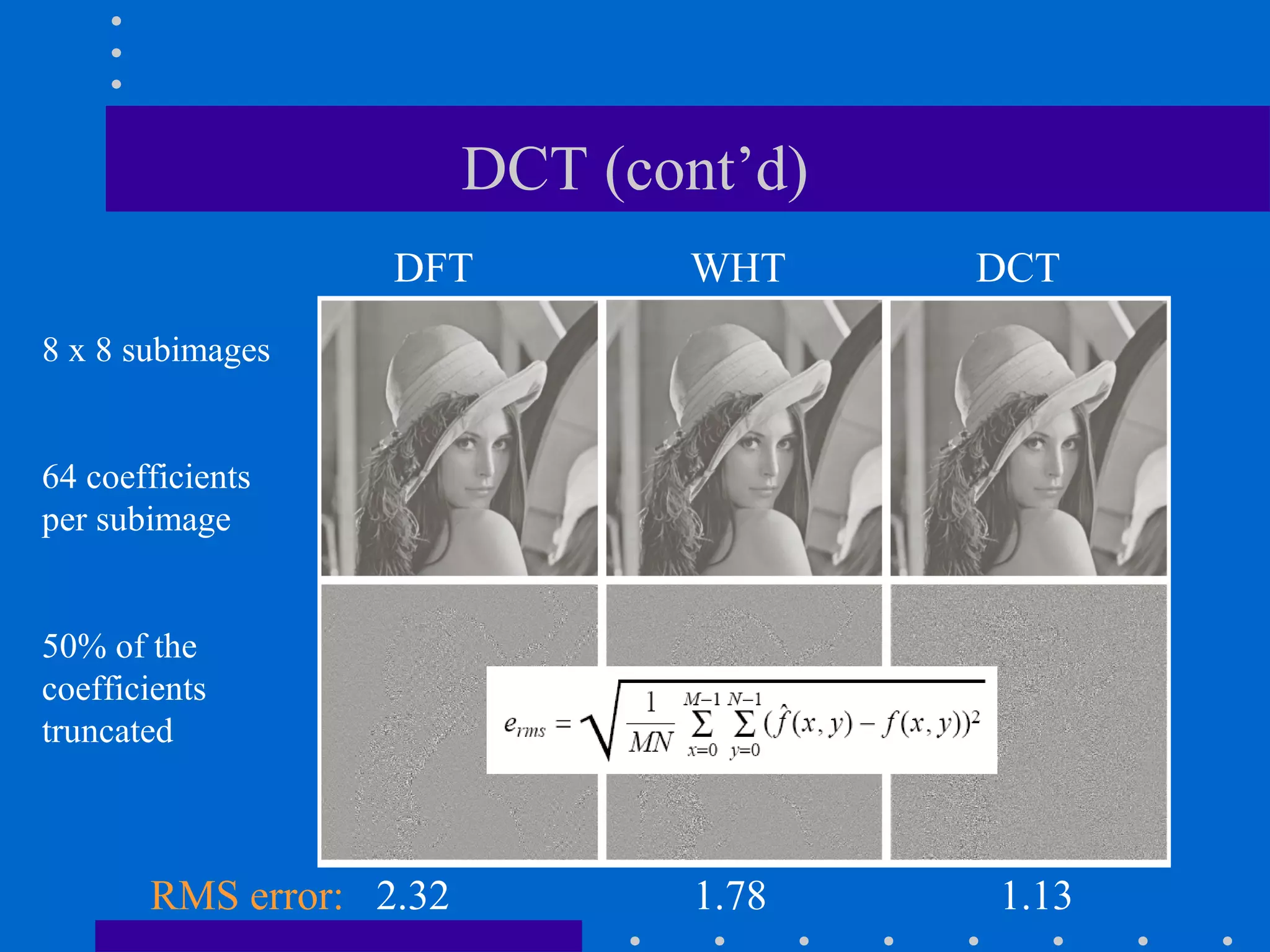 DCT (cont’d)
DFT WHT DCT
RMS error: 2.32 1.78 1.13
8 x 8 subimages
64 coefficients
per subimage
50% of the
coefficients
truncated
 