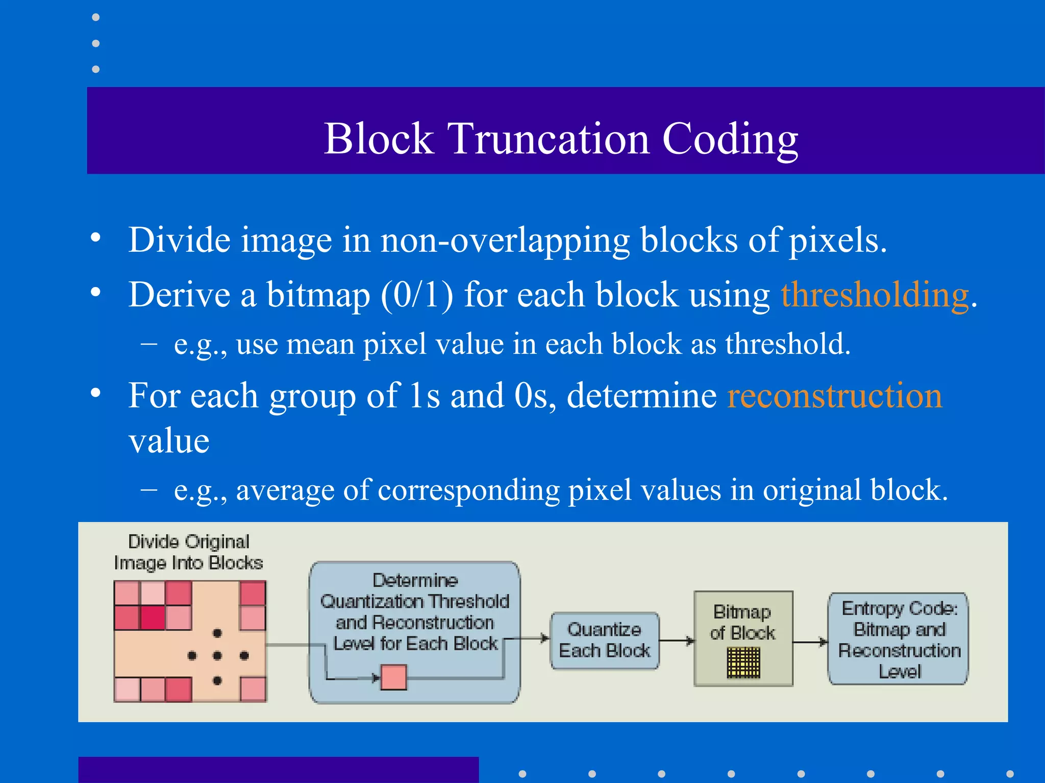 Block Truncation Coding
• Divide image in non-overlapping blocks of pixels.
• Derive a bitmap (0/1) for each block using thresholding.
– e.g., use mean pixel value in each block as threshold.
• For each group of 1s and 0s, determine reconstruction
value
– e.g., average of corresponding pixel values in original block.
 