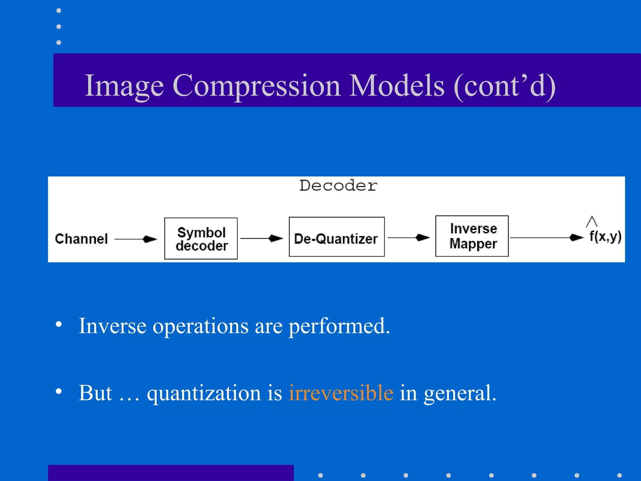Image Compression Models (cont’d)
• Inverse operations are performed.
• But … quantization is irreversible in general.
 