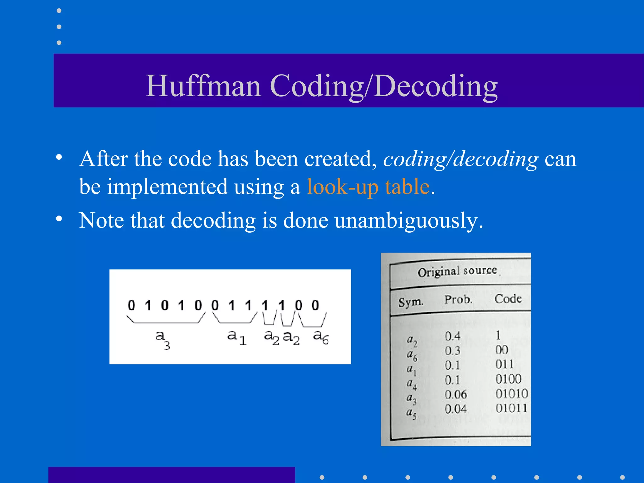 Huffman Coding/Decoding
• After the code has been created, coding/decoding can
be implemented using a look-up table.
• Note that decoding is done unambiguously.
 