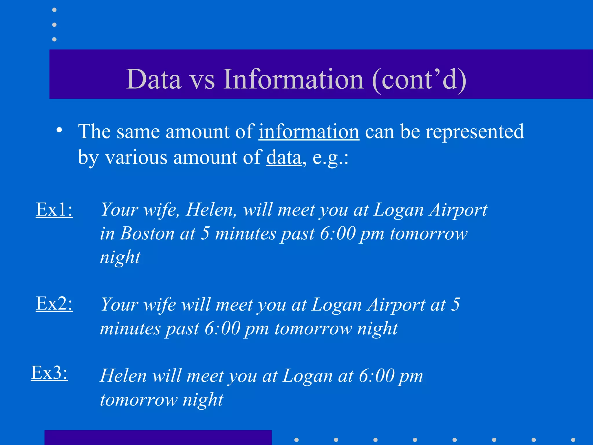 Data vs Information (cont’d)
• The same amount of information can be represented
by various amount of data, e.g.:
Your wife, Helen, will meet you at Logan Airport
in Boston at 5 minutes past 6:00 pm tomorrow
night
Your wife will meet you at Logan Airport at 5
minutes past 6:00 pm tomorrow night
Helen will meet you at Logan at 6:00 pm
tomorrow night
Ex1:
Ex2:
Ex3:
 