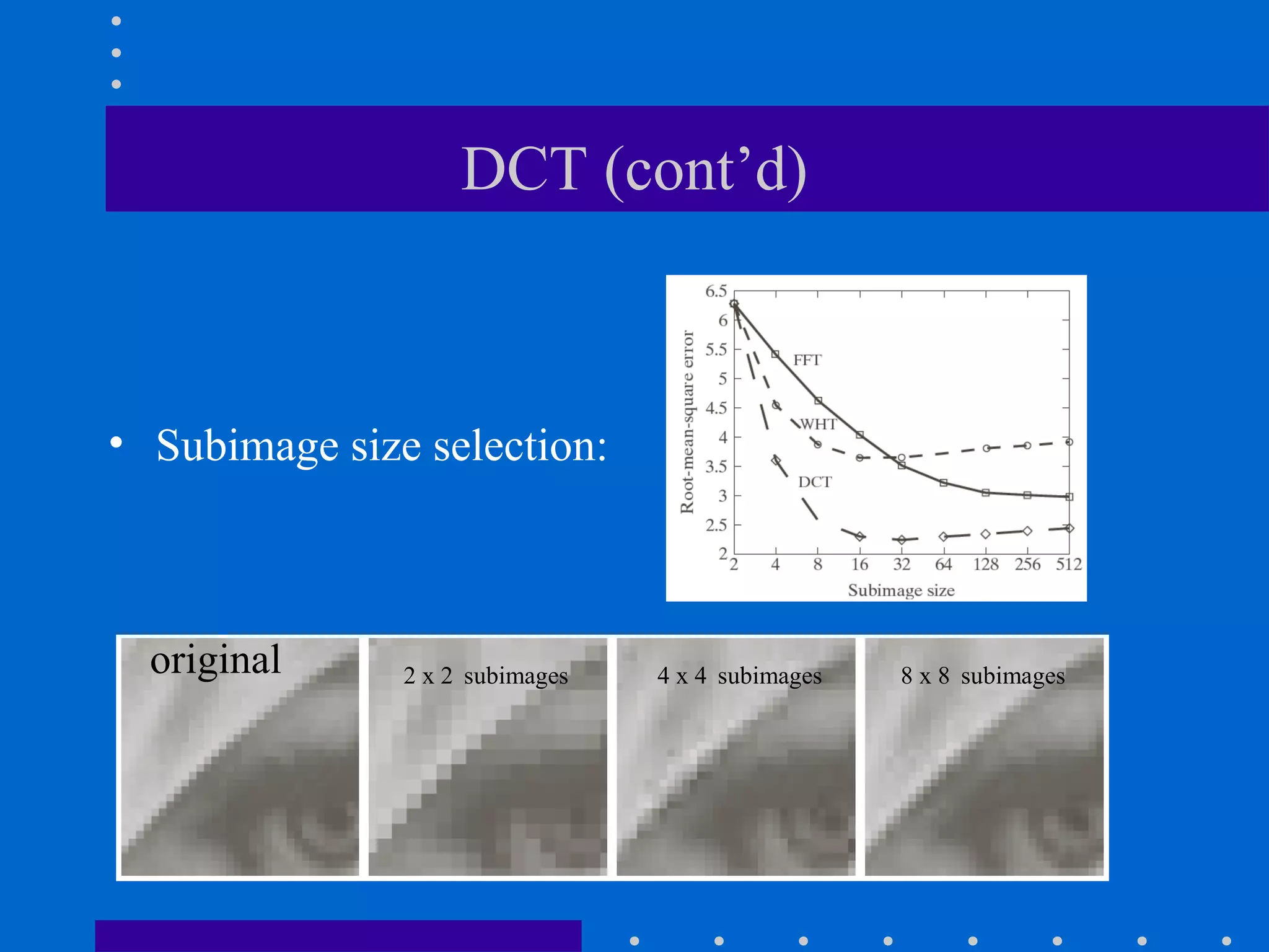 DCT (cont’d)
• Subimage size selection:
2 x 2 subimagesoriginal 4 x 4 subimages 8 x 8 subimages
 