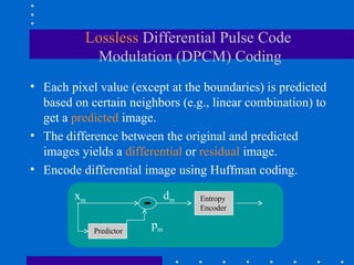 Lossless Differential Pulse Code
Modulation (DPCM) Coding
• Each pixel value (except at the boundaries) is predicted
based on certain neighbors (e.g., linear combination) to
get a predicted image.
• The difference between the original and predicted
images yields a differential or residual image.
• Encode differential image using Huffman coding.
xm
Predictor
Entropy
Encoder
pm
dm
 