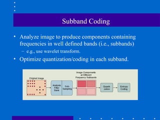 Subband Coding
• Analyze image to produce components containing
frequencies in well defined bands (i.e., subbands)
– e.g., use wavelet transform.
• Optimize quantization/coding in each subband.
 