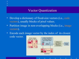 Vector Quantization
• Develop a dictionary of fixed-size vectors (i.e., code
vectors), usually blocks of pixel values.
• Partition image in non-overlapping blocks (i.e., image
vectors).
• Encode each image vector by the index of its closest
code vector.
 