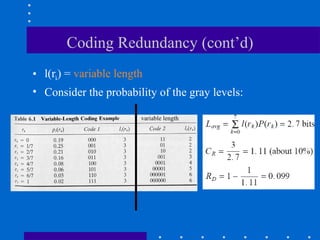 Coding Redundancy (cont’d)
• l(rk) = variable length
• Consider the probability of the gray levels:
variable length
 