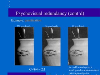Psychovisual redundancy (cont’d)
256 gray levels 16 gray levels16 gray levels
C=8/4 = 2:1
i.e., add to each pixel a
small pseudo-random number
prior to quantization
Example: quantization
 