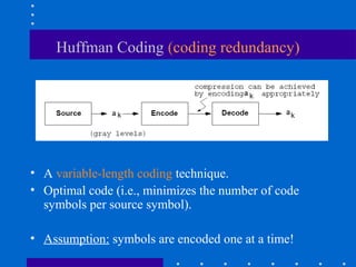 Huffman Coding (coding redundancy)
• A variable-length coding technique.
• Optimal code (i.e., minimizes the number of code
symbols per source symbol).
• Assumption: symbols are encoded one at a time!
 