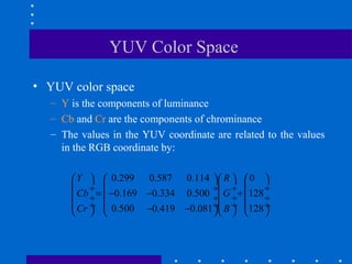 YUV Color Space
• YUV color space
– Y is the components of luminance
– Cb and Cr are the components of chrominance
– The values in the YUV coordinate are related to the values
in the RGB coordinate by:
0.299 0.587 0.114 0
0.169 0.334 0.500 128
0.500 0.419 0.081 128
Y R
Cb G
Cr B
      
 ÷  ÷ ÷  ÷
= − − + ÷  ÷ ÷  ÷
 ÷  ÷ ÷  ÷− −      
 