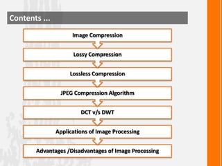 Contents ...
Image Compression
Lossy Compression

Lossless Compression
JPEG Compression Algorithm
DCT v/s DWT
Applications...