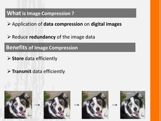 What is Image Compression ?
 Application of data compression on digital images

 Reduce redundancy of the image data

Be...
