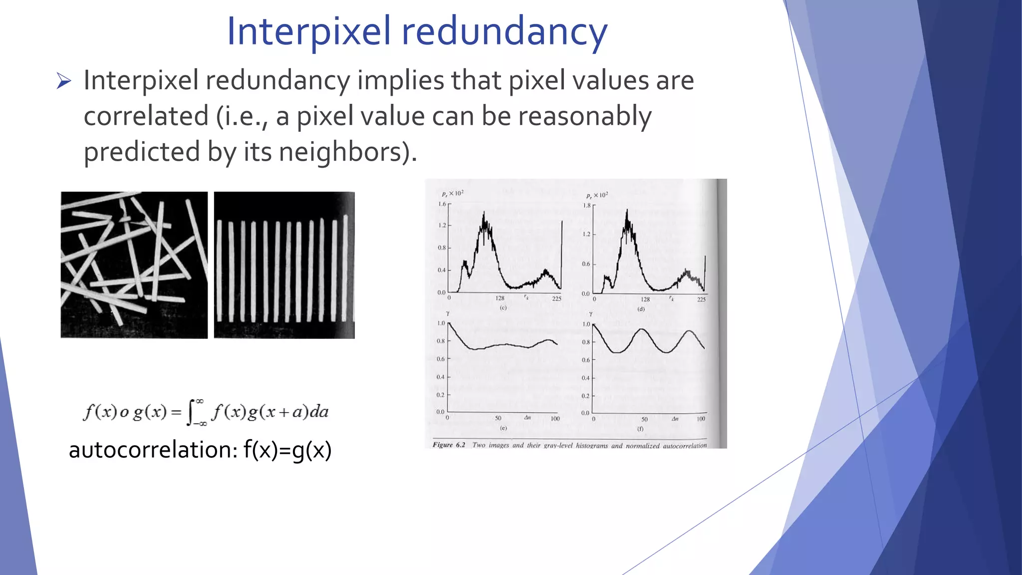 Interpixel redundancy 
 Interpixel redundancy implies that pixel values are 
correlated (i.e., a pixel value can be reasonably 
predicted by its neighbors). 
autocorrelation: f(x)=g(x) 
 