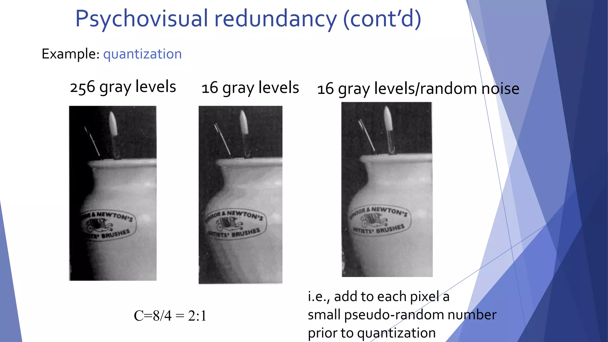 Psychovisual redundancy (cont’d) 
256 gray levels 16 gray levels 16 gray levels/random noise 
C=8/4 = 2:1 
i.e., add to each pixel a 
small pseudo-random number 
prior to quantization 
Example: quantization 
 