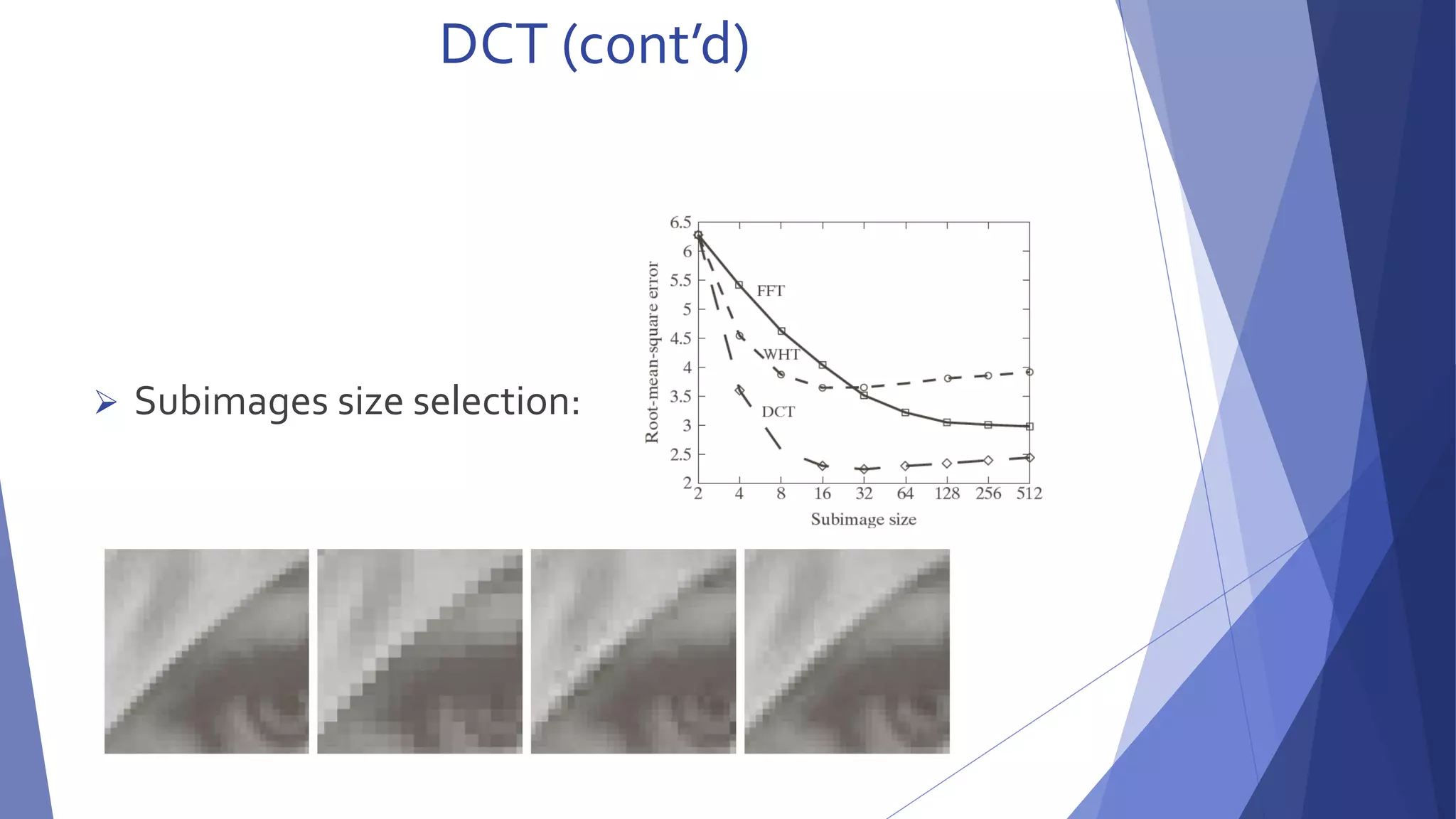 DCT (cont’d) 
 Subimages size selection: 
 