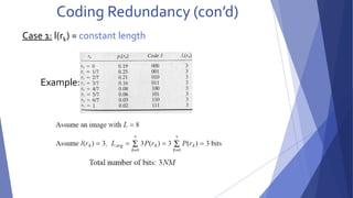 Coding Redundancy (con’d) 
Case 1: l(rk) = constant length 
Example: 
 