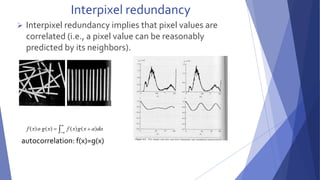 Interpixel redundancy 
 Interpixel redundancy implies that pixel values are 
correlated (i.e., a pixel value can be reasonably 
predicted by its neighbors). 
autocorrelation: f(x)=g(x) 
 