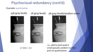 Psychovisual redundancy (cont’d) 
256 gray levels 16 gray levels 16 gray levels/random noise 
C=8/4 = 2:1 
i.e., add to each pixel a 
small pseudo-random number 
prior to quantization 
Example: quantization 
 