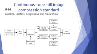 Continuous-tone still image 
JPEG compression standard 
baseline, lossless, progressive and hierarchical 
 