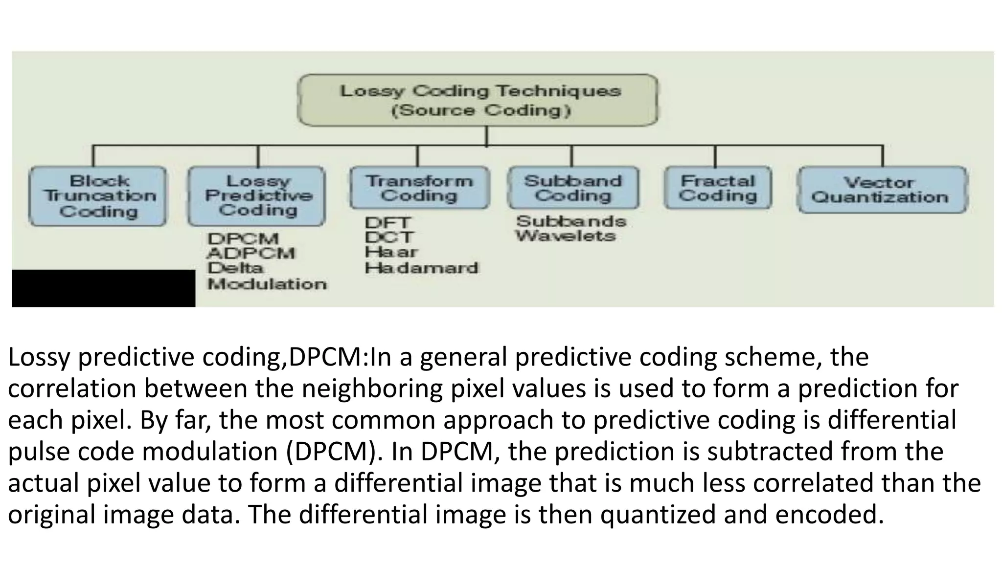 Lossy predictive coding,DPCM:In a general predictive coding scheme, the
correlation between the neighboring pixel values is used to form a prediction for
each pixel. By far, the most common approach to predictive coding is differential
pulse code modulation (DPCM). In DPCM, the prediction is subtracted from the
actual pixel value to form a differential image that is much less correlated than the
original image data. The differential image is then quantized and encoded.
 