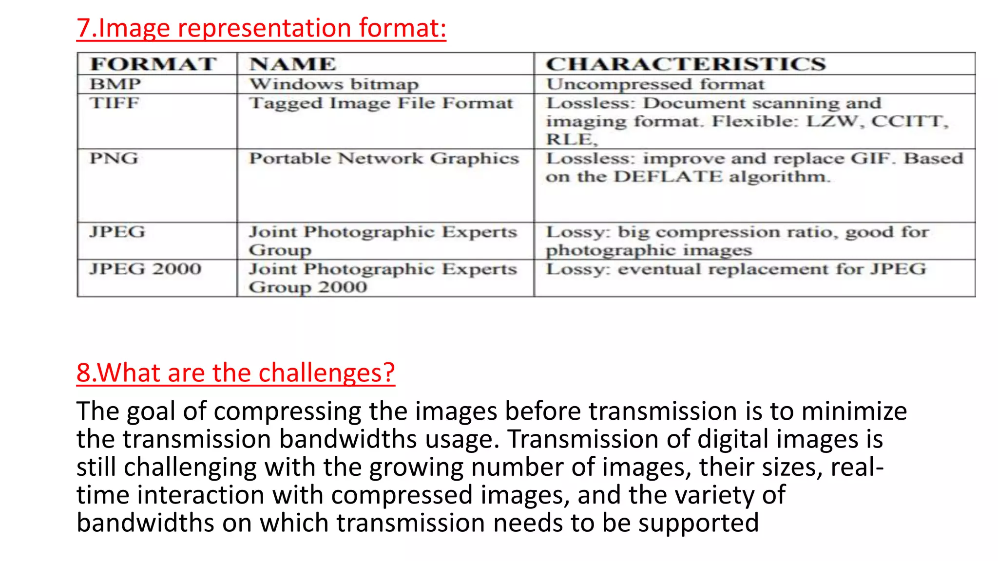 7.Image representation format:
8.What are the challenges?
The goal of compressing the images before transmission is to minimize
the transmission bandwidths usage. Transmission of digital images is
still challenging with the growing number of images, their sizes, real-
time interaction with compressed images, and the variety of
bandwidths on which transmission needs to be supported
 