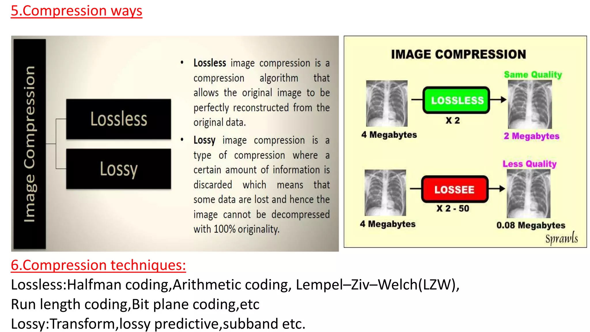 5.Compression ways
6.Compression techniques:
Lossless:Halfman coding,Arithmetic coding, Lempel–Ziv–Welch(LZW),
Run length coding,Bit plane coding,etc
Lossy:Transform,lossy predictive,subband etc.
 