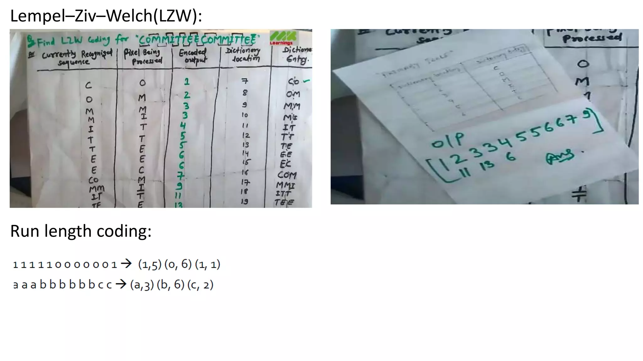 Lempel–Ziv–Welch(LZW):
Run length coding:
 