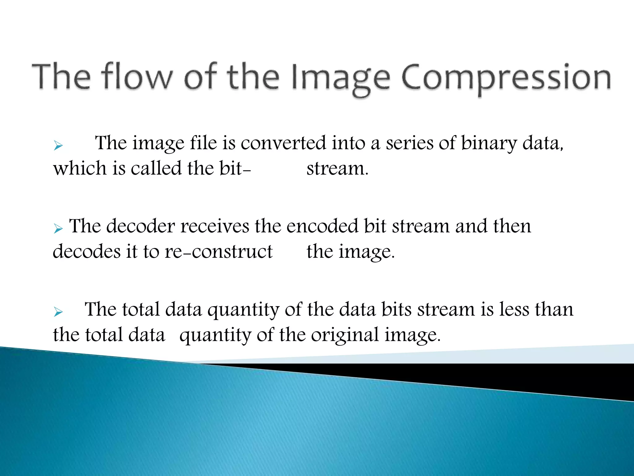  The image file is converted into a series of binary data,
which is called the bit- stream.
 The decoder receives the encoded bit stream and then
decodes it to re-construct the image.
 The total data quantity of the data bits stream is less than
the total data quantity of the original image.
 