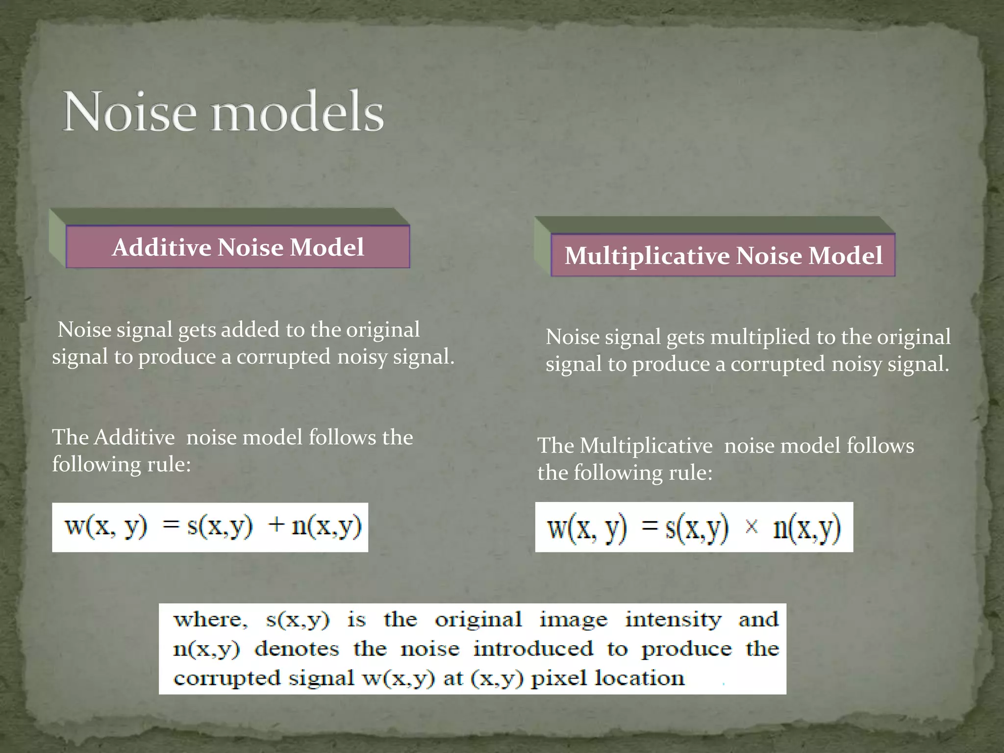 Additive Noise Model Multiplicative Noise Model
Noise signal gets added to the original
signal to produce a corrupted noisy signal.
Noise signal gets multiplied to the original
signal to produce a corrupted noisy signal.
The Additive noise model follows the
following rule:
The Multiplicative noise model follows
the following rule:
 