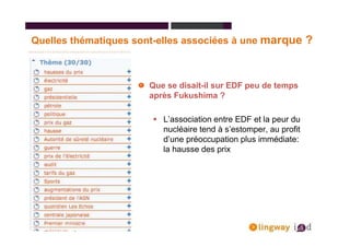 Quelles thématiques sont-elles associées à une marque ?



                       Que se disait-il sur EDF peu de temps
                       après Fukushima ?

                          L’association entre EDF et la peur du
                          nucléaire tend à s’estomper, au profit
                          d’une préoccupation plus immédiate:
                          la hausse des prix
 
