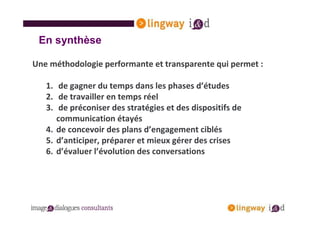 En synthèse

Une méthodologie performante et transparente qui permet :

   1. de gagner du temps dans les phases d’études
   2. de travailler en temps réel
   3. de préconiser des stratégies et des dispositifs de
      communication étayés
   4. de concevoir des plans d’engagement ciblés
   5. d’anticiper, préparer et mieux gérer des crises
   6. d’évaluer l’évolution des conversations
 