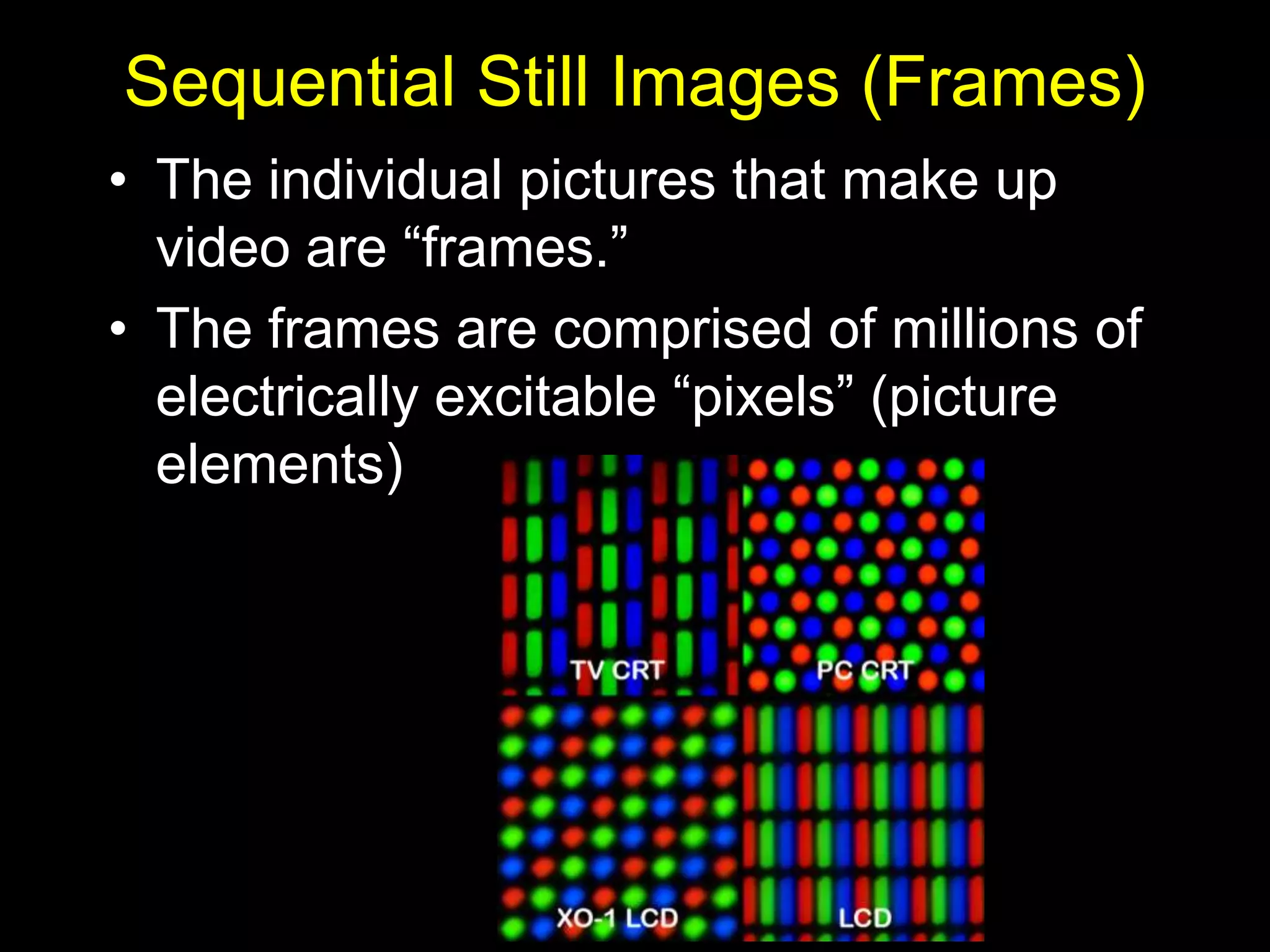 Sequential Still Images (Frames)
• The individual pictures that make up
  video are “frames.”
• The frames are comprised of millions of
  electrically excitable “pixels” (picture
  elements)
 