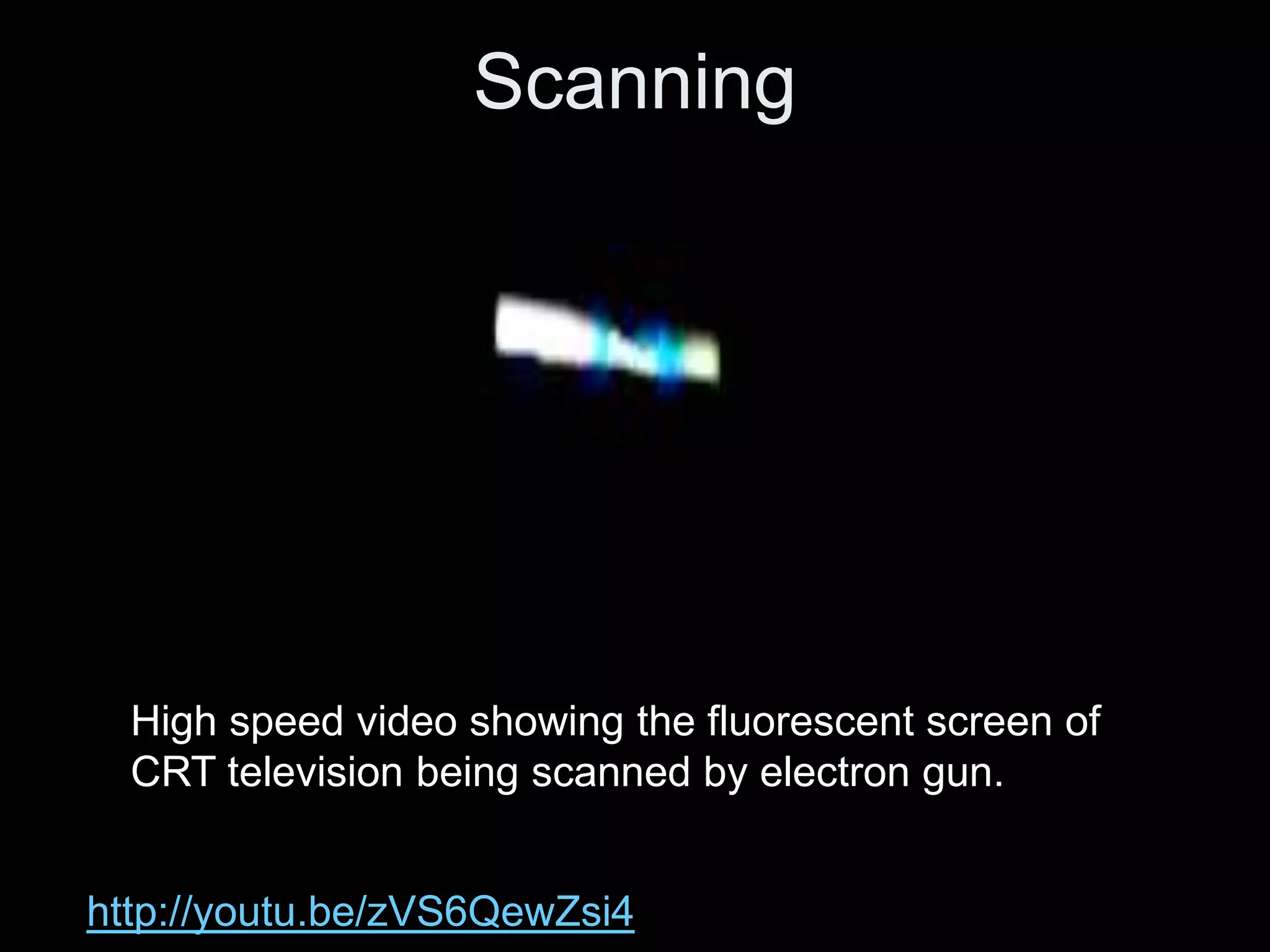 Scanning




  High speed video showing the fluorescent screen of
  CRT television being scanned by electron gun.


http://youtu.be/zVS6QewZsi4
 