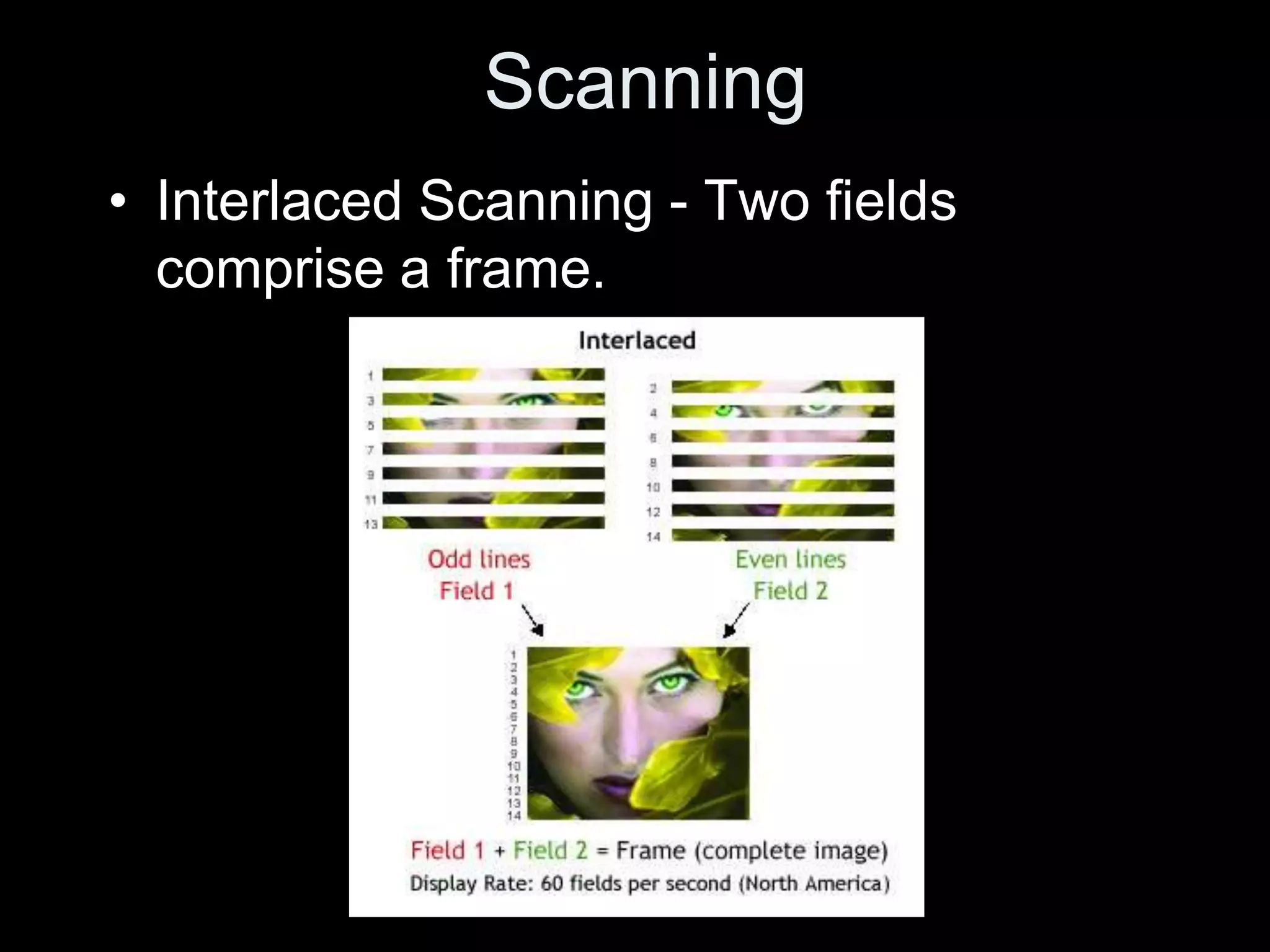 Scanning
• Interlaced Scanning - Two fields
  comprise a frame.
 