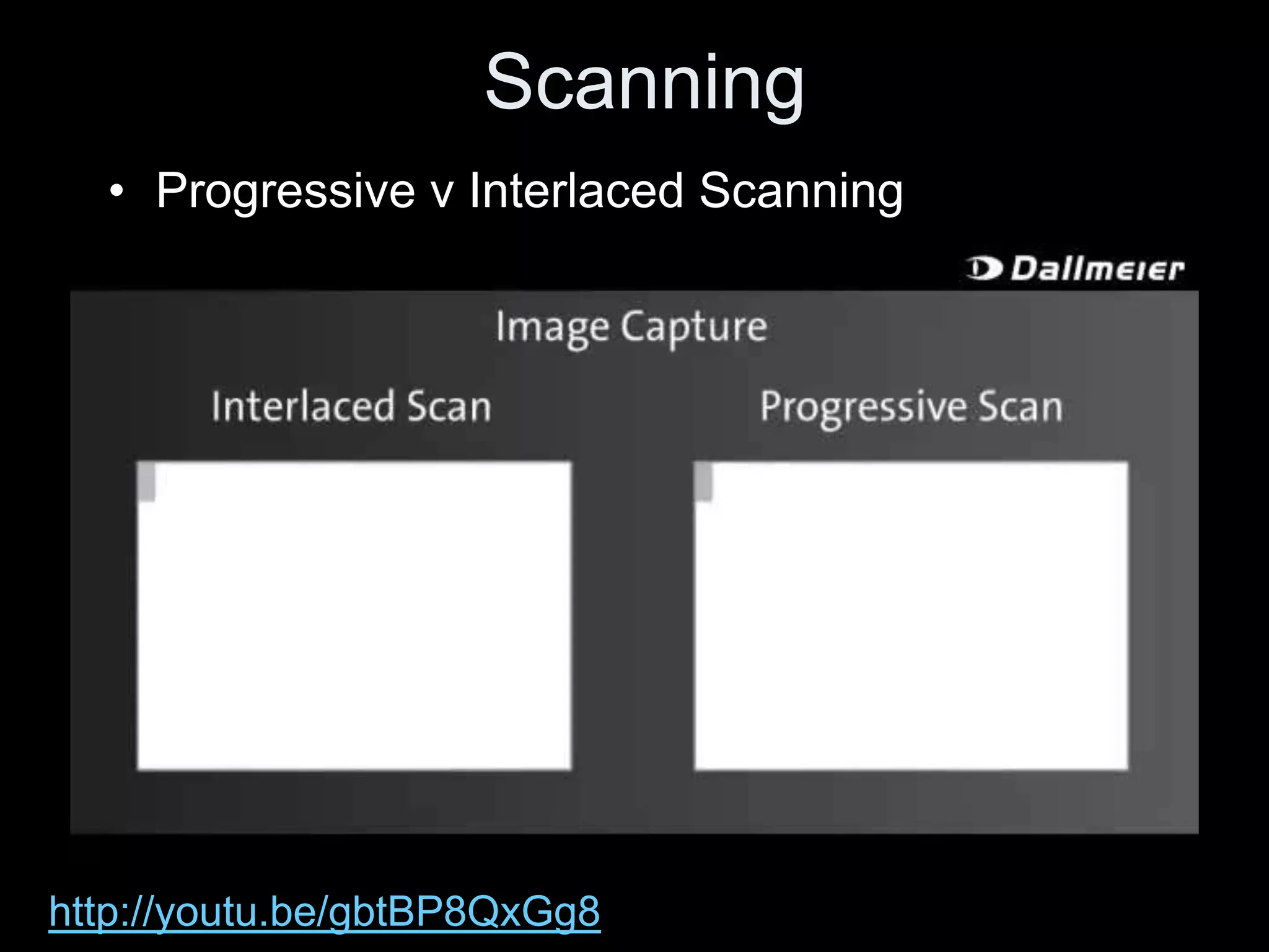 Scanning
  • Progressive v Interlaced Scanning




http://youtu.be/gbtBP8QxGg8
 
